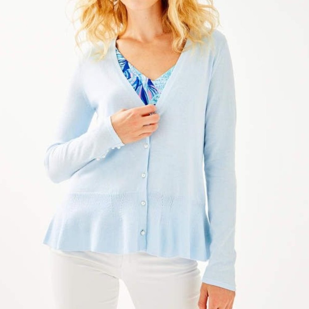 Lilly Pulitzer Clarissa Cardigan Large Boho Blue Ruffle Knit Sweater Pastel